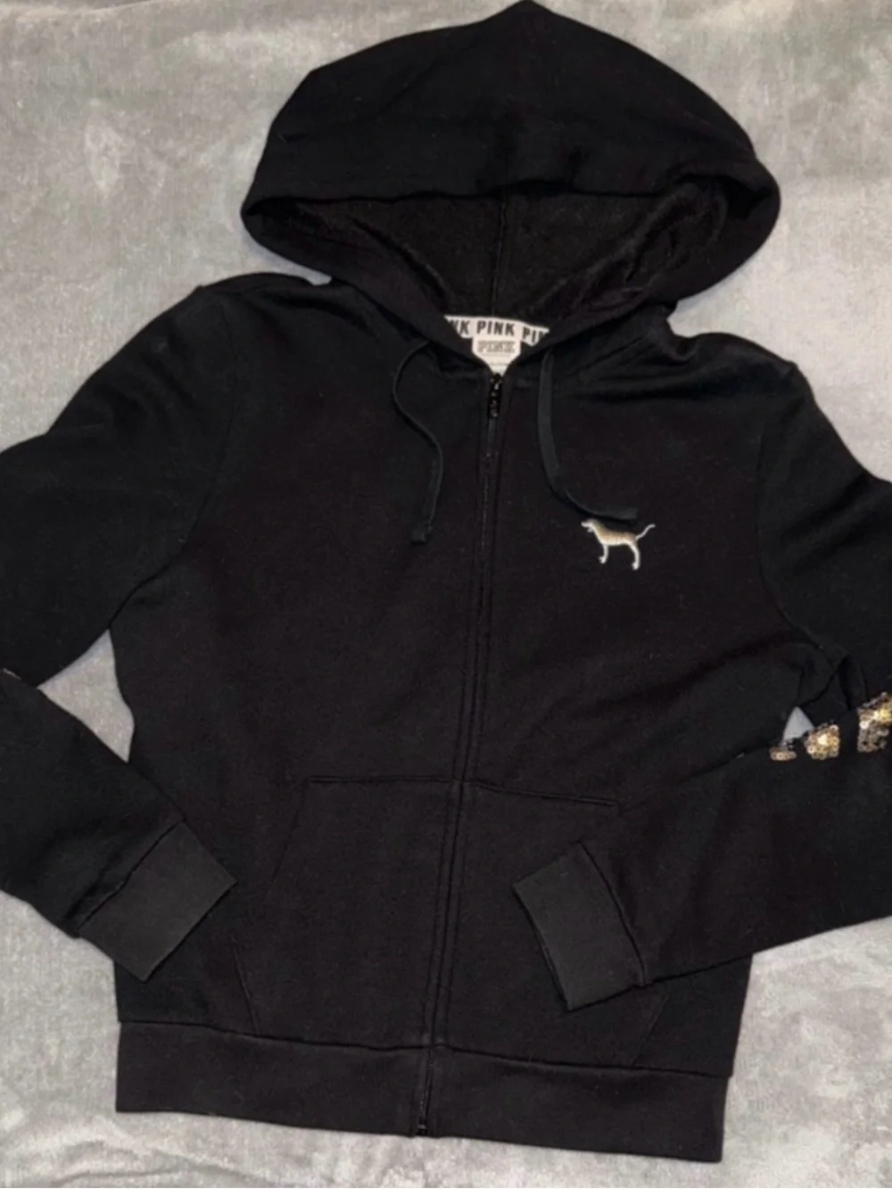 Victoria’s Secret PINK Black Sequin Full Zip Hoodie Gold Silver Bling Size Small - Picture 2 of 4